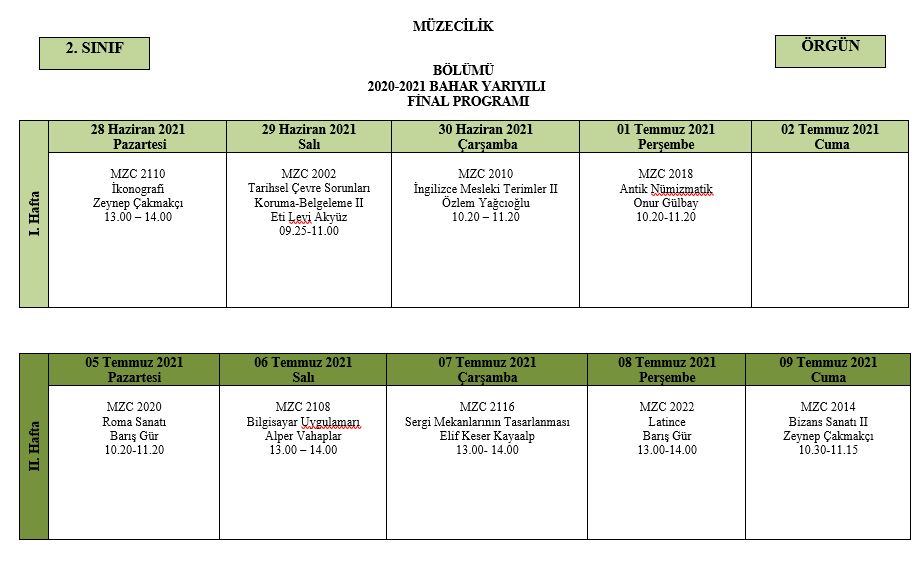 deu muzecilik bolumu 2020 2021 bahar yariyili lisans programi final ve butunleme takvimi muzecilik bolumu