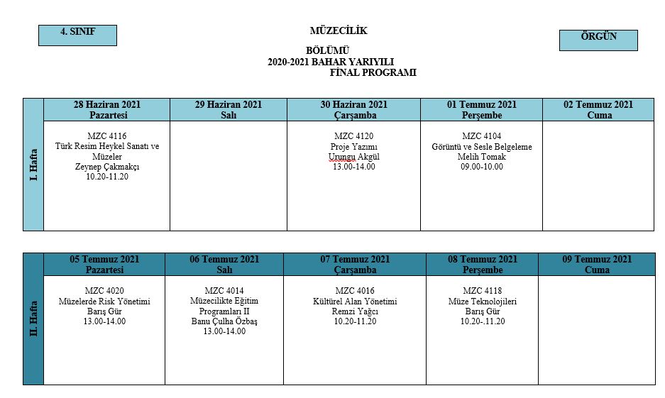 deu muzecilik bolumu 2020 2021 bahar yariyili lisans programi final ve butunleme takvimi muzecilik bolumu